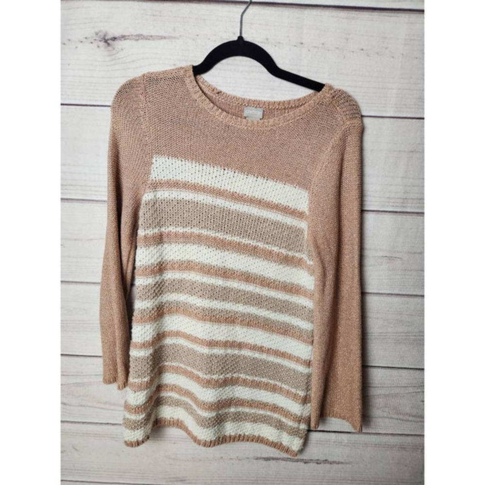 Chicos Womens Pullover Sweater Rose Gold Tan Striped Long Sleeve Round Neck S